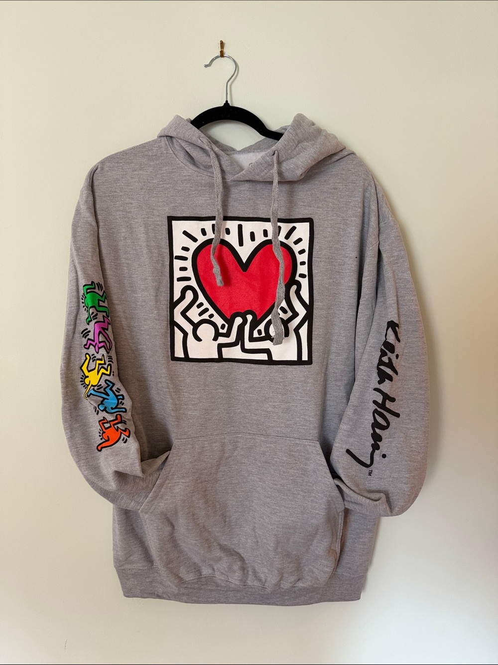 Keith Haring Grey Hoodie with Red Heart Graphic
